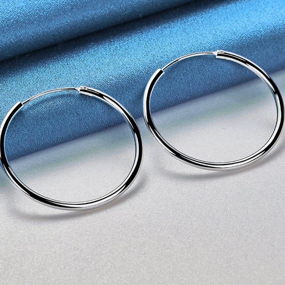 Stunning .925 Sterling Silver 35mm Round Hoop Earrings - Picture 2 of 5